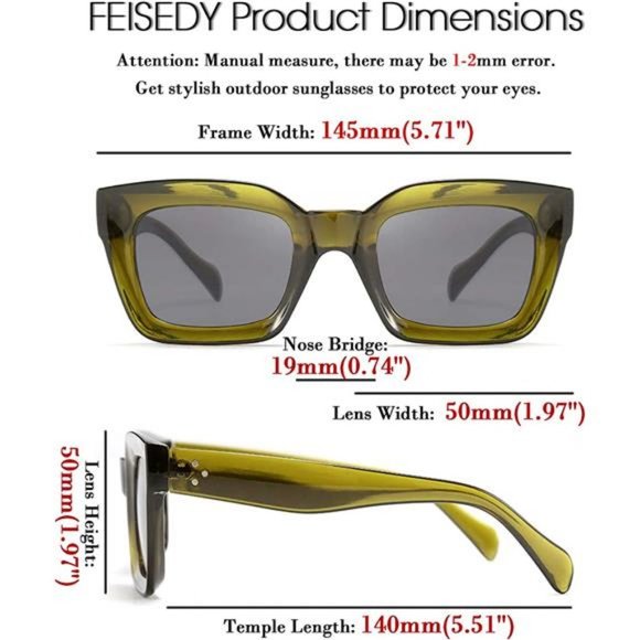 FEISEDY Classic Women Sunglasses Fashion Thick Square Sun Glasses - Picture 6 of 8